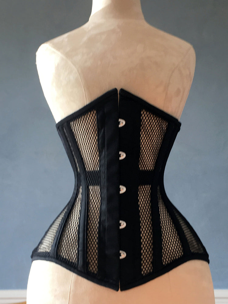 Black steel boned underbust corset from mesh. Authentic corset for tight lacing Corsettery