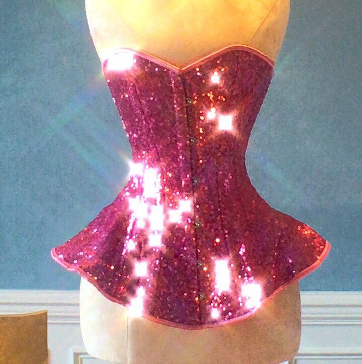 The Ramona Corset. Bespoke high quality authentic peplum style corset from Pink sequins on steel bones 34 / Pink