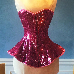 The Ramona Corset. Bespoke high quality authentic peplum style corset from sequins on steel bones Corsettery