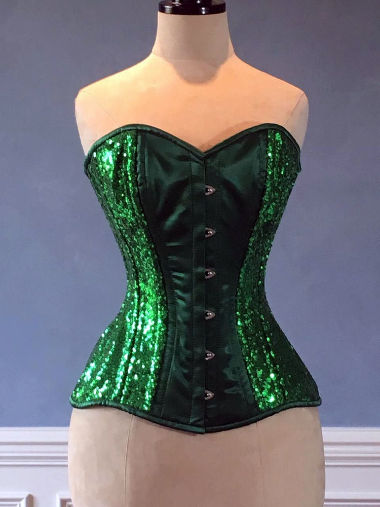 Shiny sequins and satin overbust authentic corset with long hip-line. Steel-boned corset for tight lacing, Poison Ivy cosplay green corset