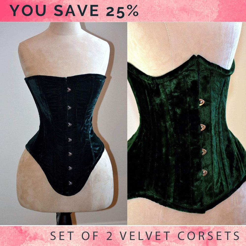 L'ensemble de 2 best-sellers en velours:les corsets overbust et underbust édouardiens. Corset sur mesure Steelbone, gothique, steampunk, victorien