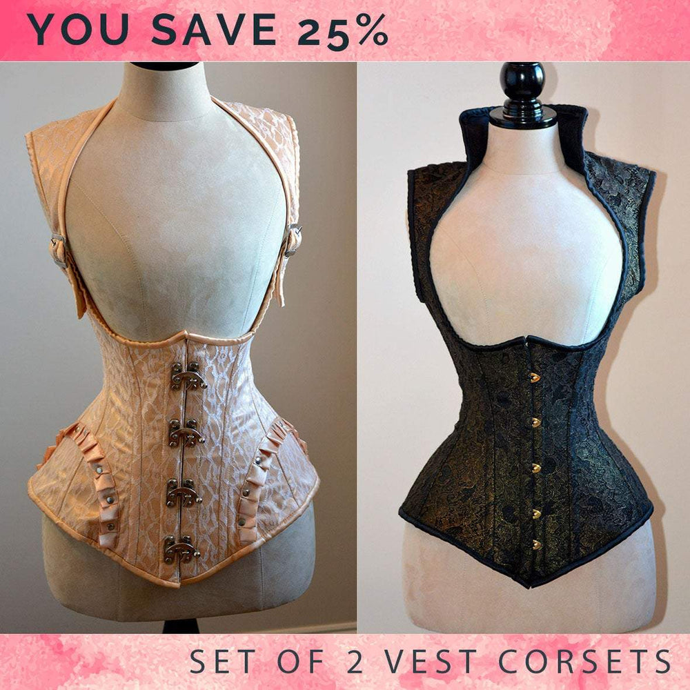 The set of 2 vests with collars: gothic black and steampunk corsets. Victorian, steampunk cheap corset, girlfriend's gift, historical corset Corsettery