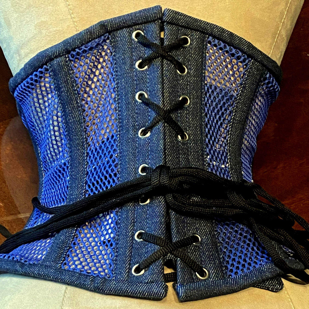 
                  
                    Trendy waspie belt corset from denim, steel-boned mesh. Waist training fitness edition corset belt with laces in front, trendy summer corset Corsettery
                  
                