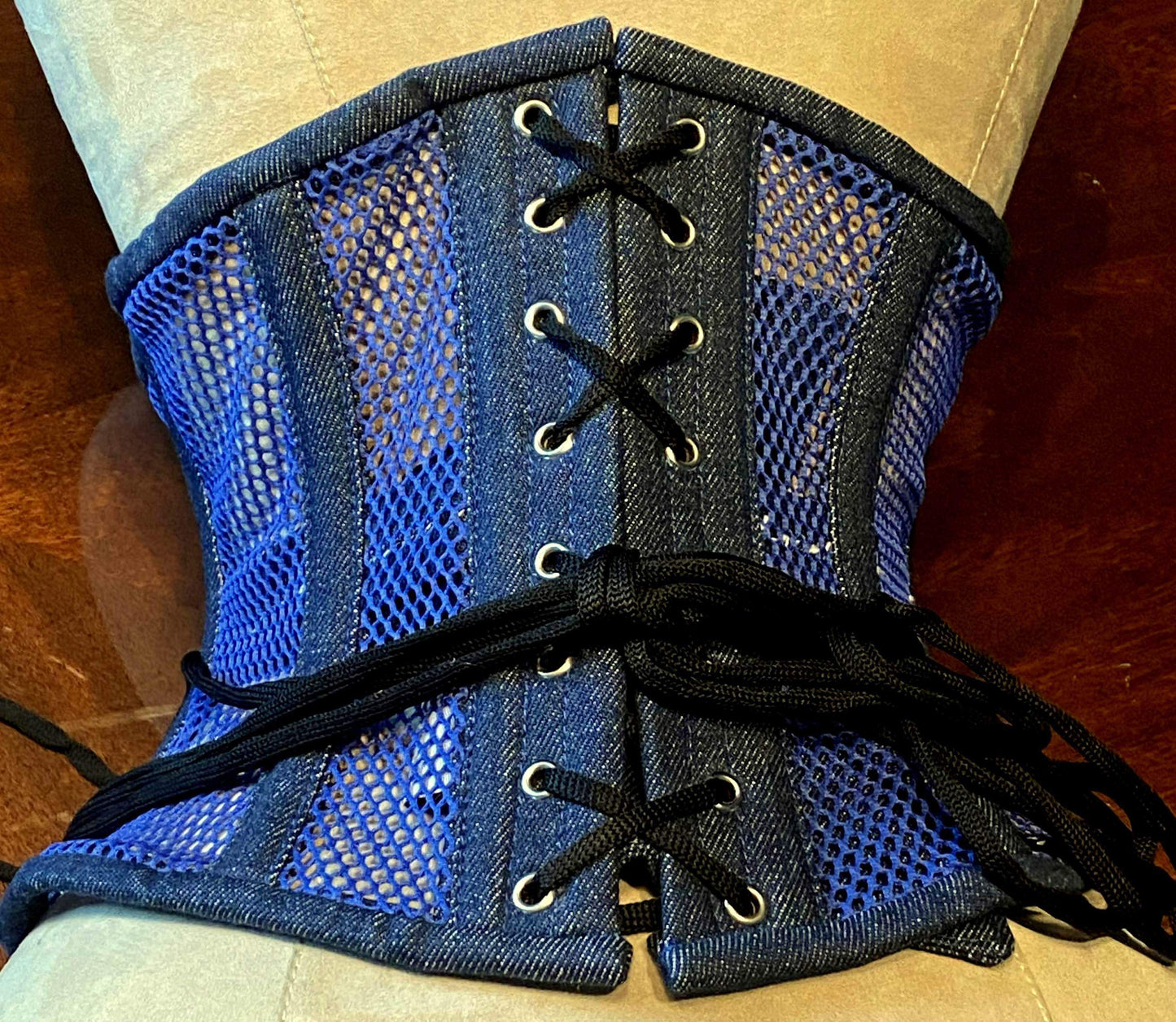 
                  
                    Trendy waspie belt corset from denim, steel-boned mesh. Waist training fitness edition corset belt with laces in front, trendy summer corset Corsettery
                  
                