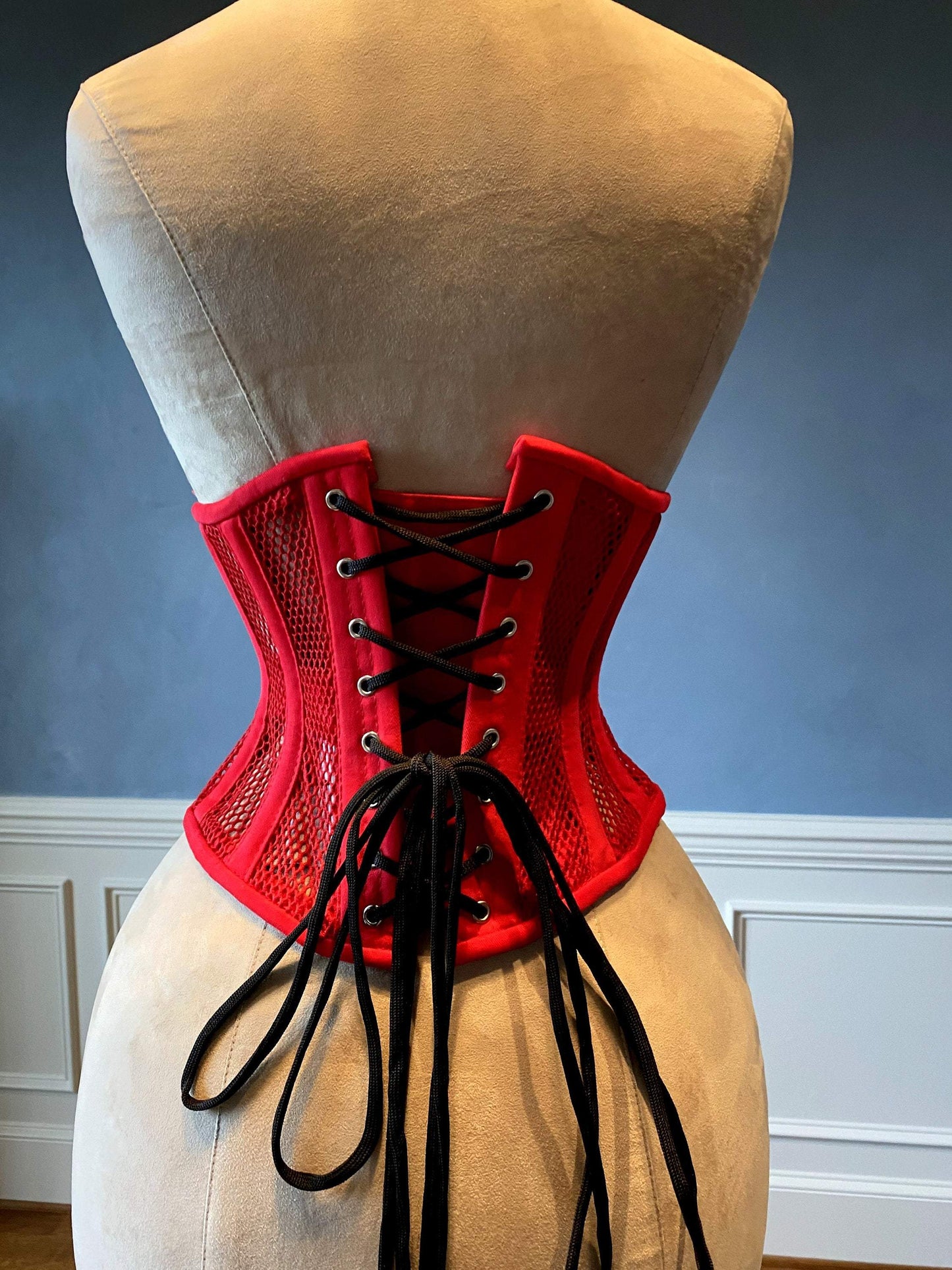 
                  
                    Real steel boned underbust underwear red corset from transparent mesh and cotton. Real waist training corset for tight lacing. Corsettery
                  
                
