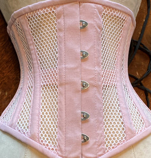 Real steel boned underbust underwear pink corset from transparent mesh and  cotton. Real waist training corset for tight lacing.