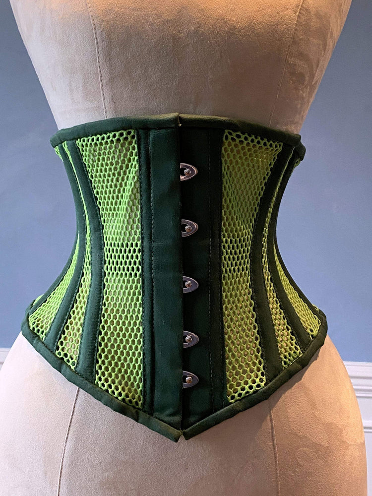 Real steel boned underbust underwear green corset from transparent mesh and cotton. Real waist training corset for tight lacing.