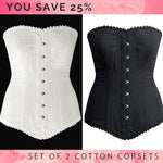 The set of 2 overbust corsets: black and white, you save 25%. Steelbone custom made corset, gothic, steampunk, bespoke, victorian