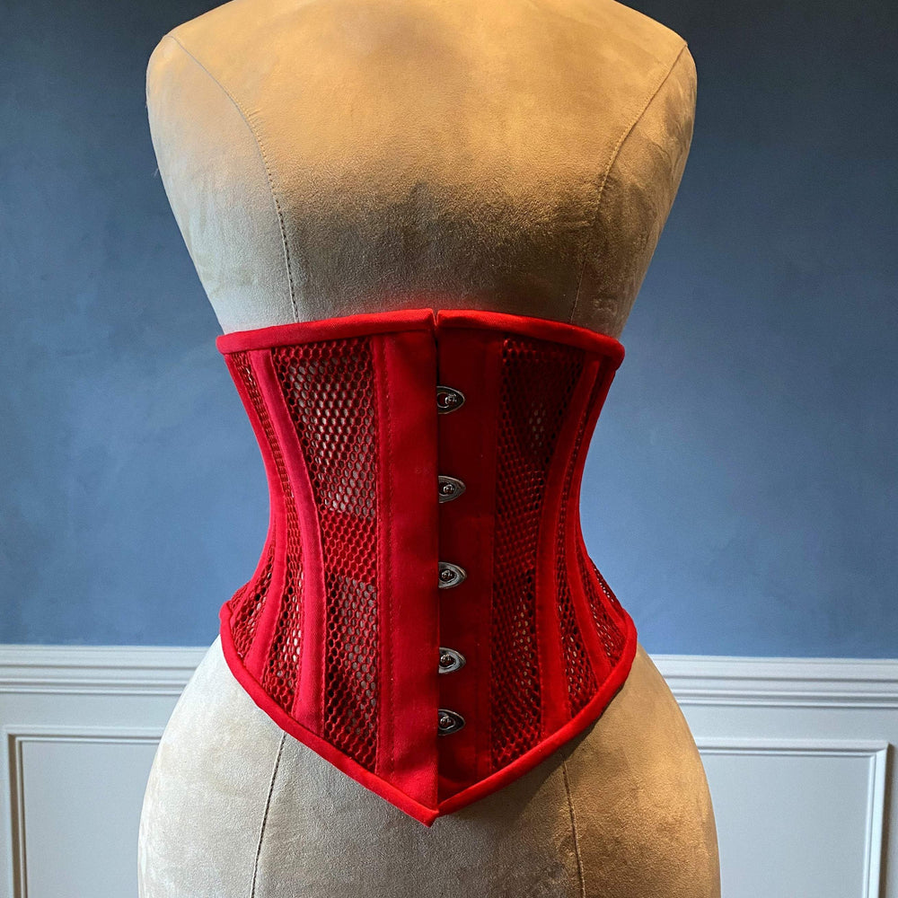 Real steel boned underbust underwear red corset from transparent mesh and cotton. Real waist training corset for tight lacing. Corsettery