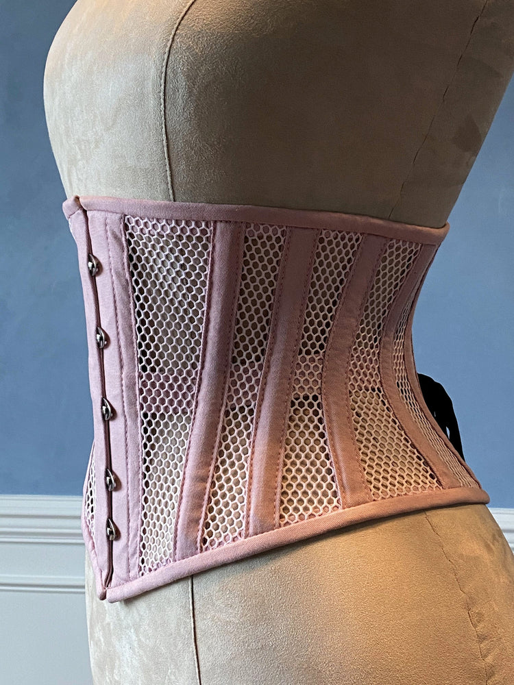 Real steel boned underbust underwear pink corset from transparent mesh and cotton. Real waist training corset for tight lacing. Corsettery