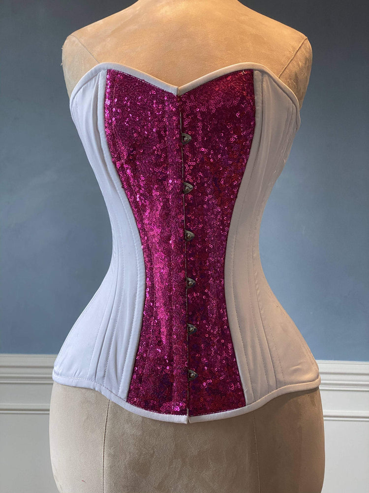 Tuna Sushi shiny sequins and cotton overbust authentic corset with long hip-line. Steel-boned corset for tight lacing, wedding, valentine Corsettery