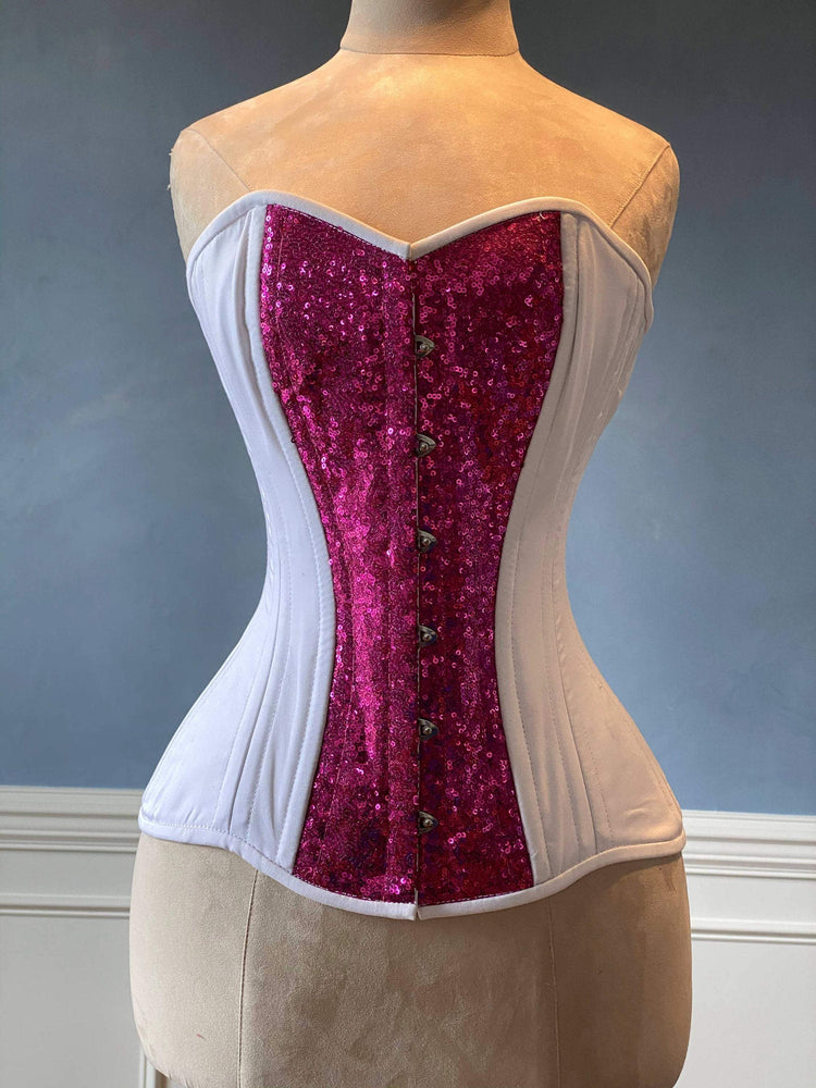 Tuna Sushi shiny sequins and cotton overbust authentic corset with long hip-line. Steel-boned corset for tight lacing, wedding, valentine Corsettery