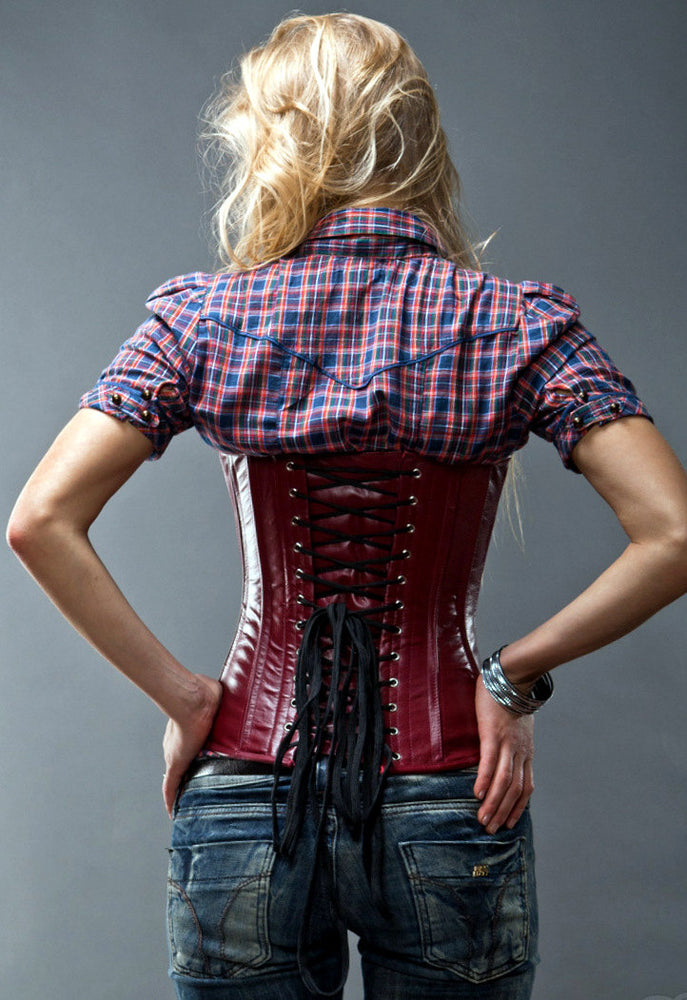Overbust mesh authentic corset with leather bones and stripes