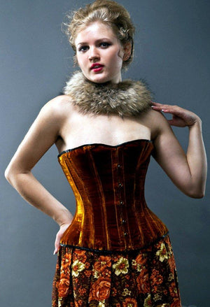 Velvet halfbust steel-boned authentic heavy corset, different colors. Dark gold (rust) color and classic Victorian design for steampunk Corsettery