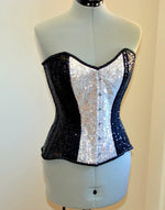 Shiny glitter overbust authentic corset with long hip-line. Steel-boned for tight lacing. Prom, shiny burlesque, cosplay, couture corset