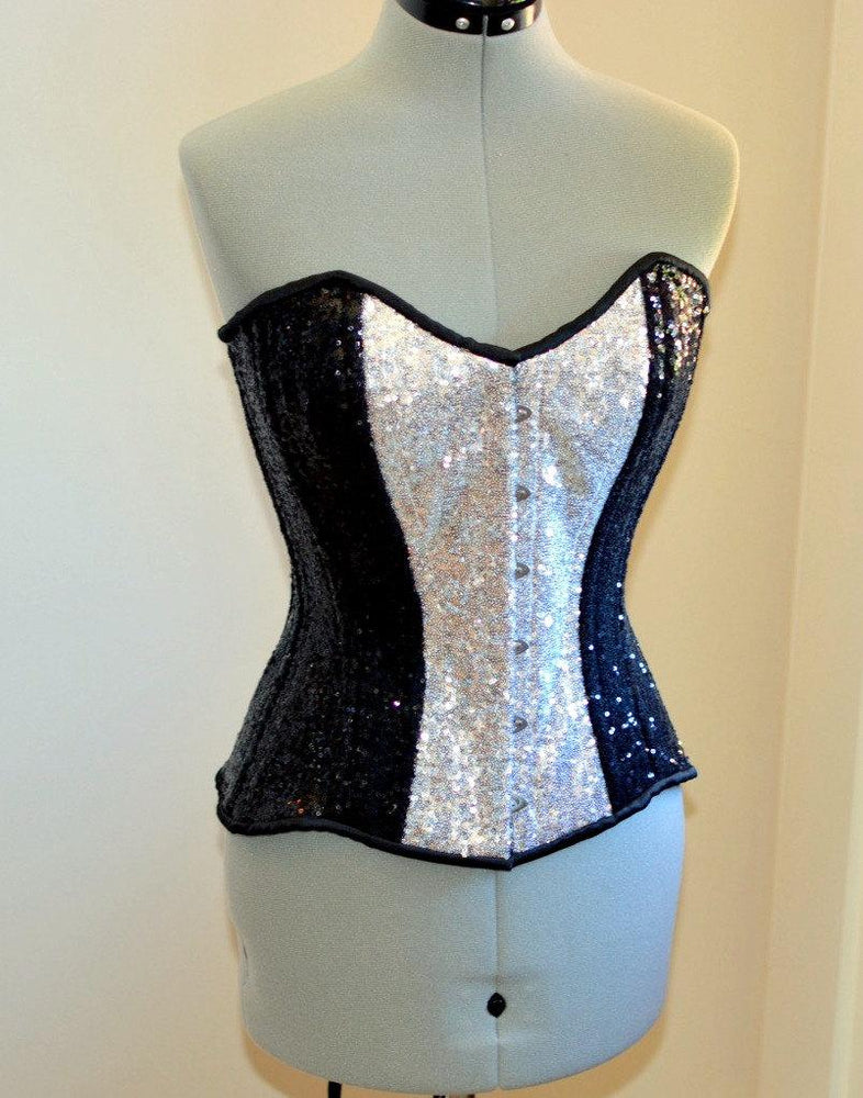 Shiny sequins overbust authentic corset with long hip-line. Steel-boned for tight lacing. Prom, shiny burlesque, cosplay, couture corset Corsettery