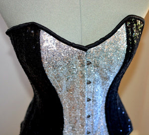Shiny glitter overbust authentic corset with long hip-line. Steel-boned for tight lacing. Prom, shiny burlesque, cosplay, couture corset Corsettery