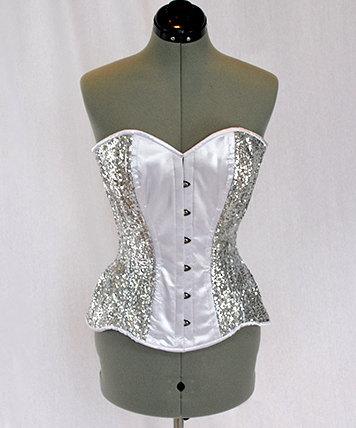 Long black and white satin corset with black lace trim. Gothic