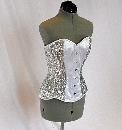 Shiny sequins and satin overbust authentic corset with long hip-line. Steel-boned corset for tight lacing, prom, gothic, wedding, valentine Corsettery