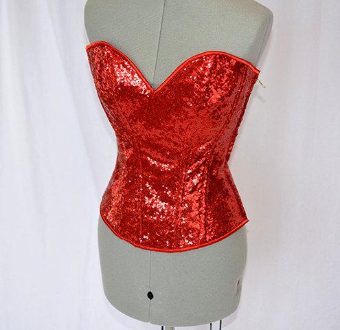 Shiny sequins overbust authentic corset with long hip-line. Steel-boned corset for tight lacing. Prom, vintage, burlesque, valentine corset Corsettery