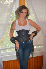 Real double row steel boned corset from satin and goldish mesh. Waspie belt corset