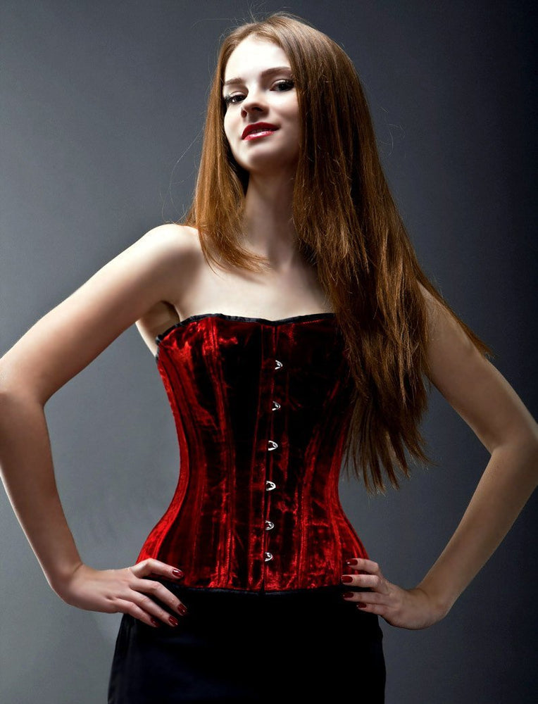 Velvet halfbust steel-boned authentic heavy corset, different colors. Dark gold (rust) color and classic Victorian design for steampunk