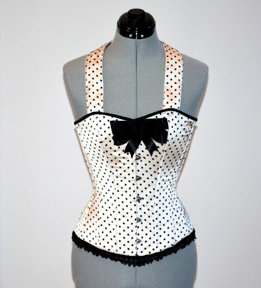 Cute pinup polka dot satin custom made corset with bow. Steel-boned overbust corset for tight lacing with strap Corsettery