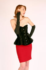 Il corsetto Ramona. Corsetto in stile peplo autentico di alta qualità su misura in velluto su ossa d'acciaio, corsetto vittoriano vintage, nero gotico.