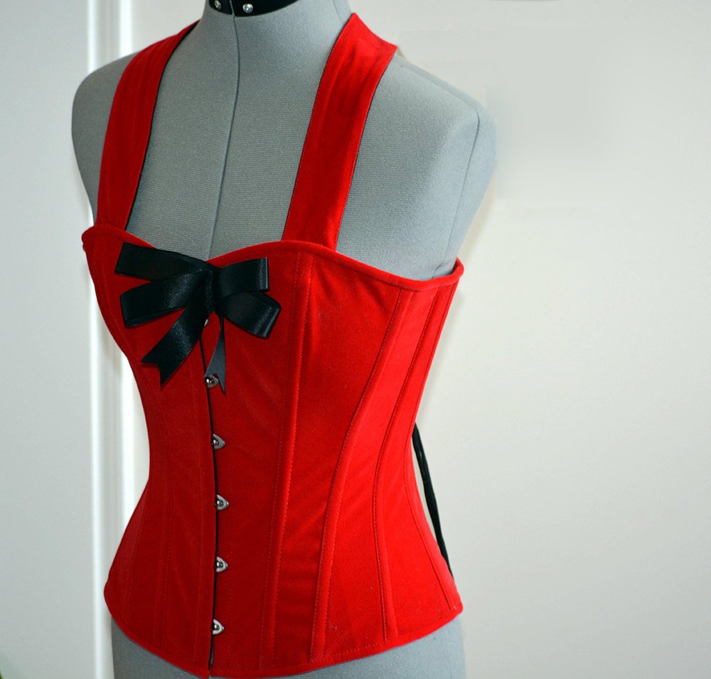 Cute pinup red microfibra (fake suede) custom made corset with bow. Steel-boned overbust corset Corsettery