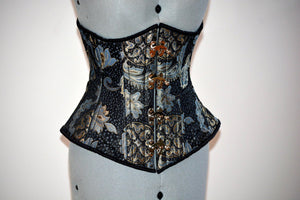 Steel boned underbust steampunk corset from brocade with golden pattern with steampunk hooks. Real waist training corset for tight lacing. Corsettery
