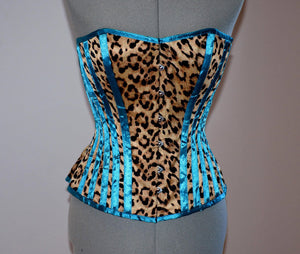 Cheetah and blue satin steel-boned animal print crazy authentic corset. Bespoke made to your measurements. Affordable cheap waist training Corsettery