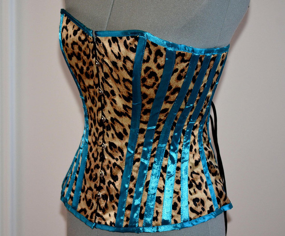 Classic overbust velvet leopard cheetah authentic steel-boned corset.  Bespoke made to your measurements. Affordable cheap waist training, Corsettery Authentic Corsets USA