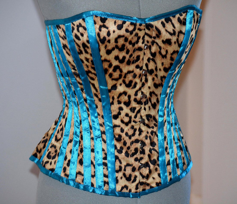 Cheetah and blue satin steel-boned animal print crazy authentic corset. Bespoke made to your measurements. Affordable cheap waist training Corsettery