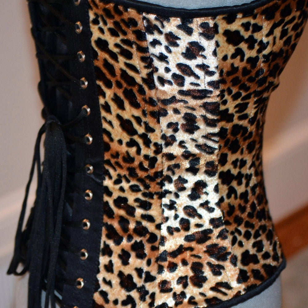 
                  
                    Classic overbust velvet leopard cheetah authentic steel-boned corset. Bespoke made to your measurements. Affordable cheap waist training Corsettery
                  
                