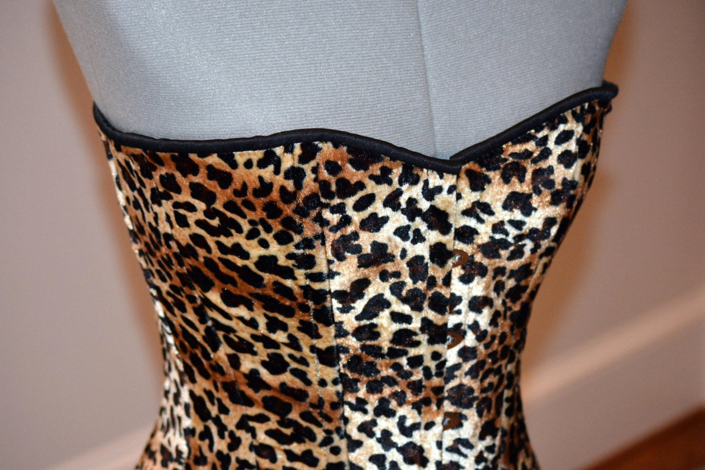 Classic overbust velvet leopard cheetah authentic steel-boned corset. Bespoke made to your measurements. Affordable cheap waist training Corsettery
