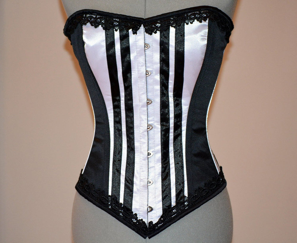 Long black and white satin corset with black lace trim. Gothic, historical, steampunk, prom, gift corset, couture, steel-boned, Victorian Corsettery
