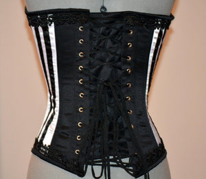 Long black and white satin corset with black lace trim. Gothic, historical, steampunk, prom, gift corset, couture, steel-boned, Victorian Corsettery