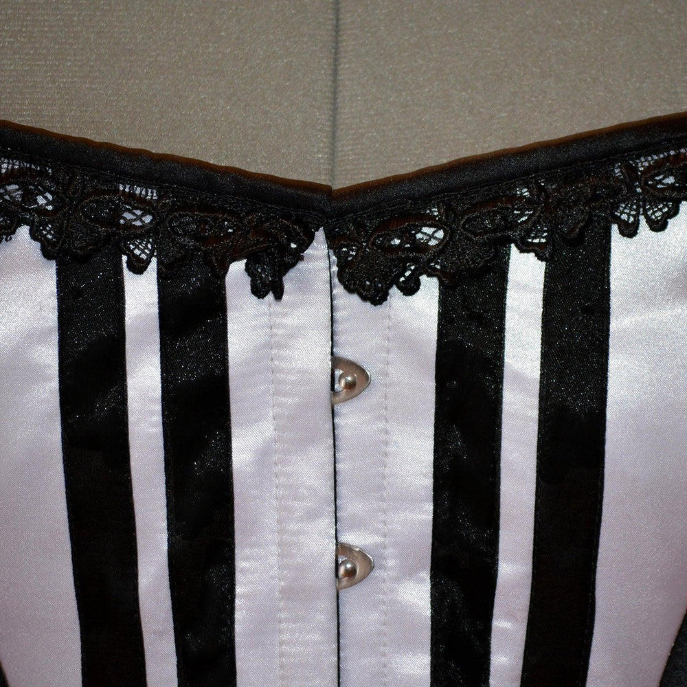 Long black and white satin corset with black lace trim. Gothic, histor –  Corsettery Authentic Corsets USA