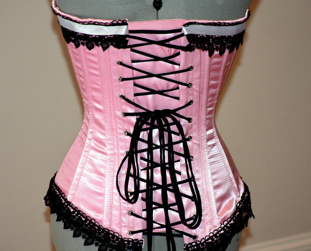 Historic pink satin overbust authentic corset with black lace. Steel-boned corset for tightlacing. Prom, gothic, steampunk Victorian corset. Corsettery