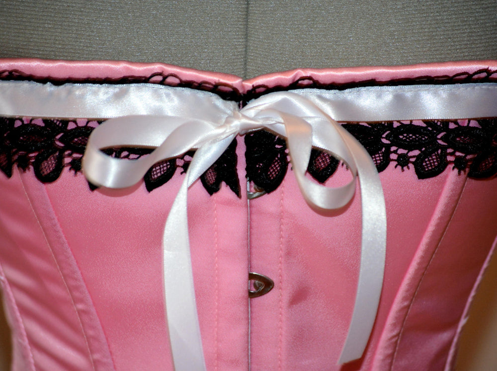 Historic pink satin overbust authentic corset with black lace. Steel-boned corset for tightlacing. Prom, gothic, steampunk Victorian corset. Corsettery