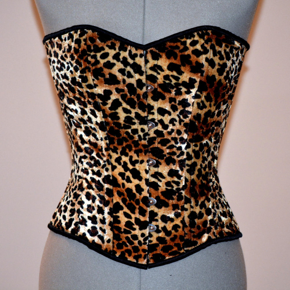 Classic overbust velvet leopard cheetah authentic steel-boned corset. Bespoke made to your measurements. Affordable cheap waist training Corsettery