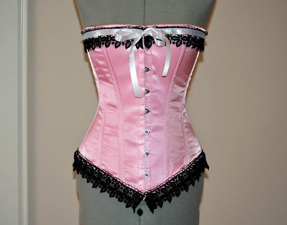 Historic pink satin overbust authentic corset with black lace. Steel-boned corset for tightlacing. Prom, gothic, steampunk Victorian corset.