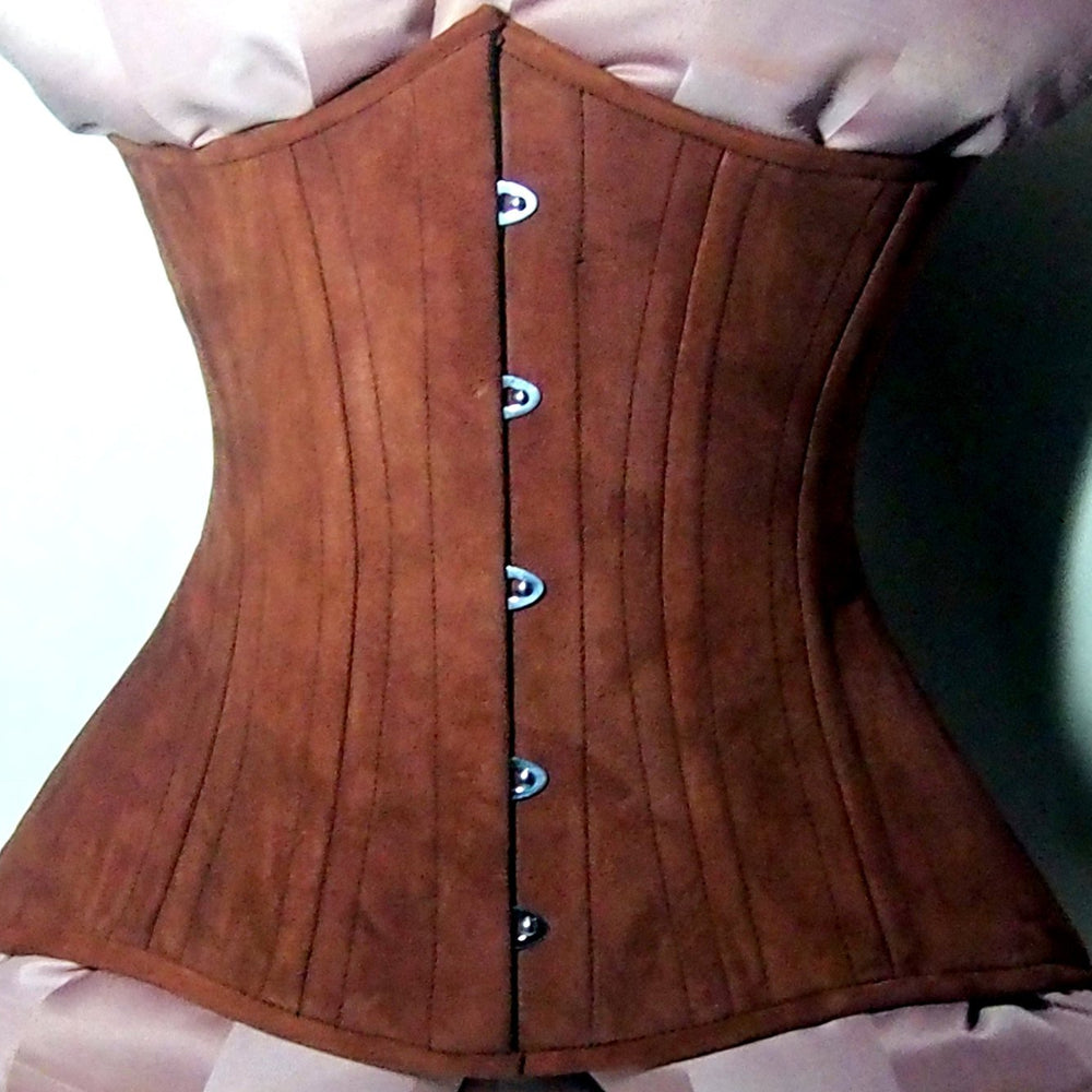
                  
                    Real double row steel boned underbust corset from lambskin suede. Exclusive steampunk historical corset with double rows of bones. Western Corsettery
                  
                