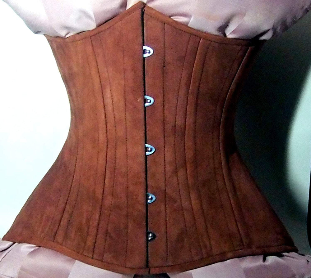 Real double row steel boned underbust corset from real brown suede. Exclusive steampunk historical corset with double rows of bones. Corsettery