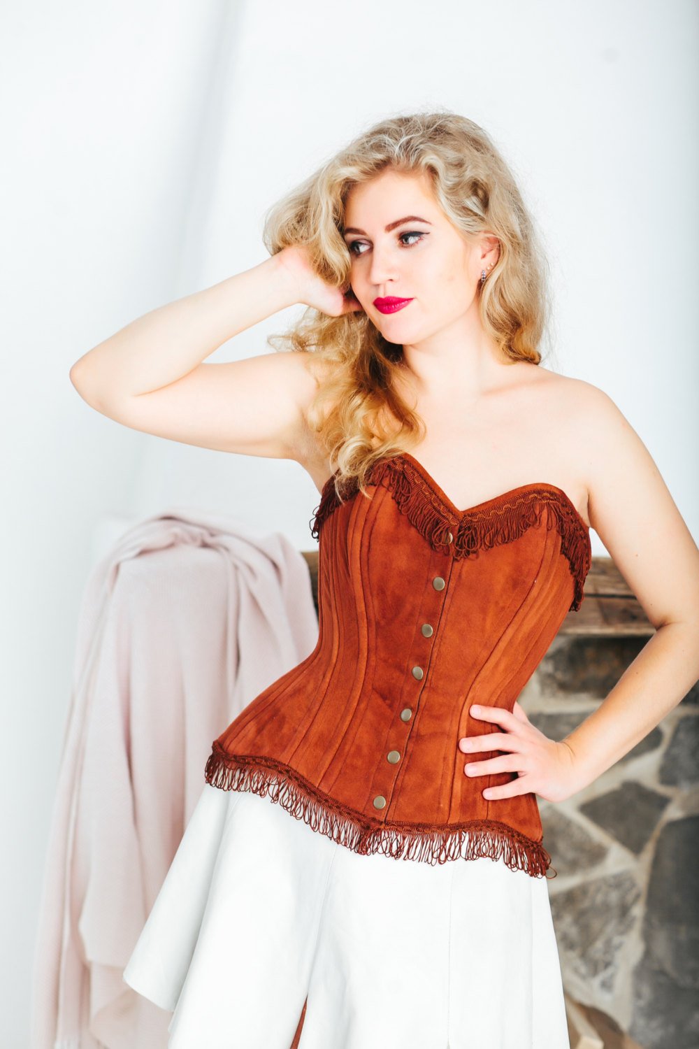 Brown lambskin suede exclusive overbust corset from Corsettery Western Collection Corsettery