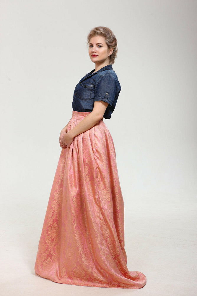 Just Breathtaking! Exclusive full shaped maxi skirt from thin exclusive floral pink brocade with gold. Skirt with trail.