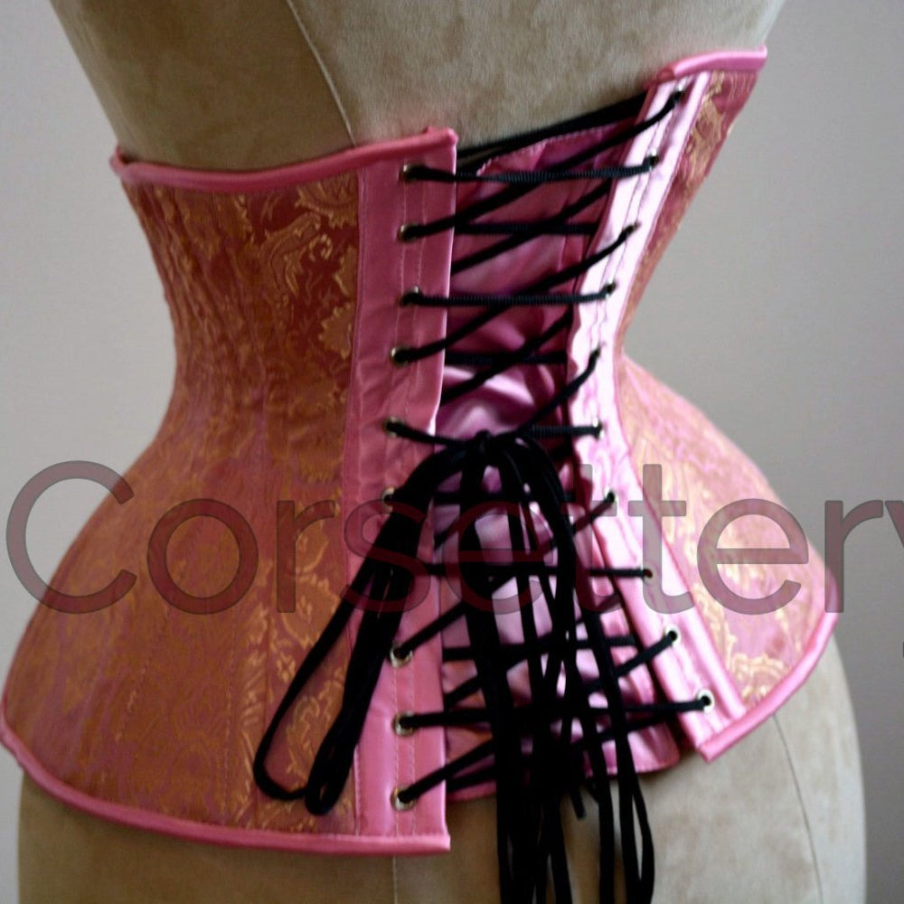 
                  
                    Double row steel boned underbust corset from pink and gold brocade. Real waist training corset for tight lacing. Gothic, steampunk corset Corsettery
                  
                