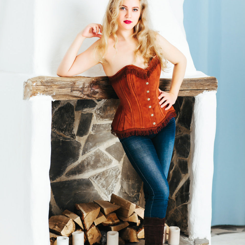 
                  
                    Brown lambskin suede exclusive overbust corset from Corsettery Western Collection Corsettery
                  
                