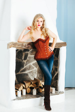 Brown lambskin suede exclusive overbust corset from Corsettery Western Collection Corsettery