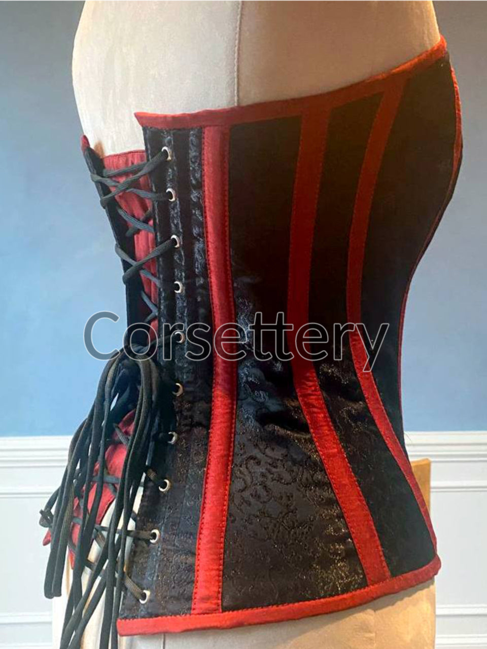 Classic black brocade corset with red taffeta and hidden busk. Gothic –  Corsettery Authentic Corsets USA